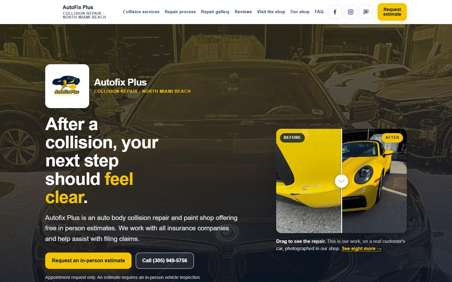 Current live AutoFix Plus collision-repair homepage with estimate and call actions.