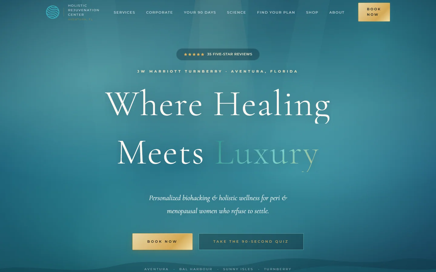 Live Holistic Rejuvenation Center homepage with service navigation and booking actions.